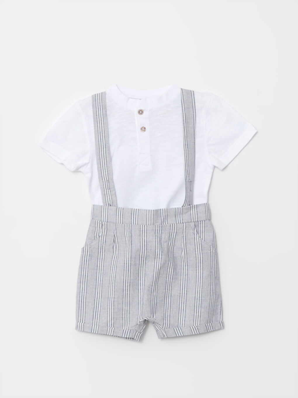 Beyaz Bisiklet Yaka Kısa Kollu Erkek Bebek Tişört ve Salopet 2'li Takım