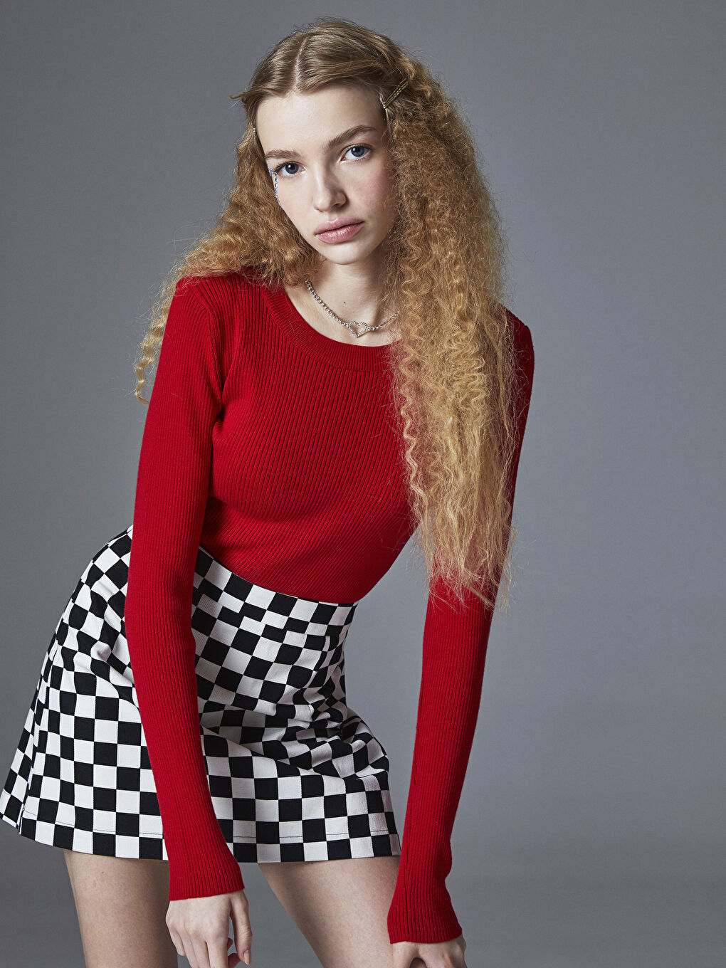 Siyah Standart Fit Ekose Gabardin Kadın Etek-2