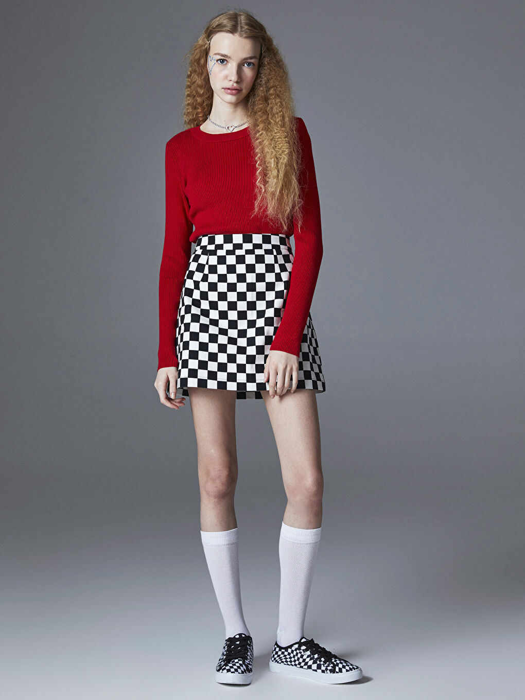 Siyah Standart Fit Ekose Gabardin Kadın Etek