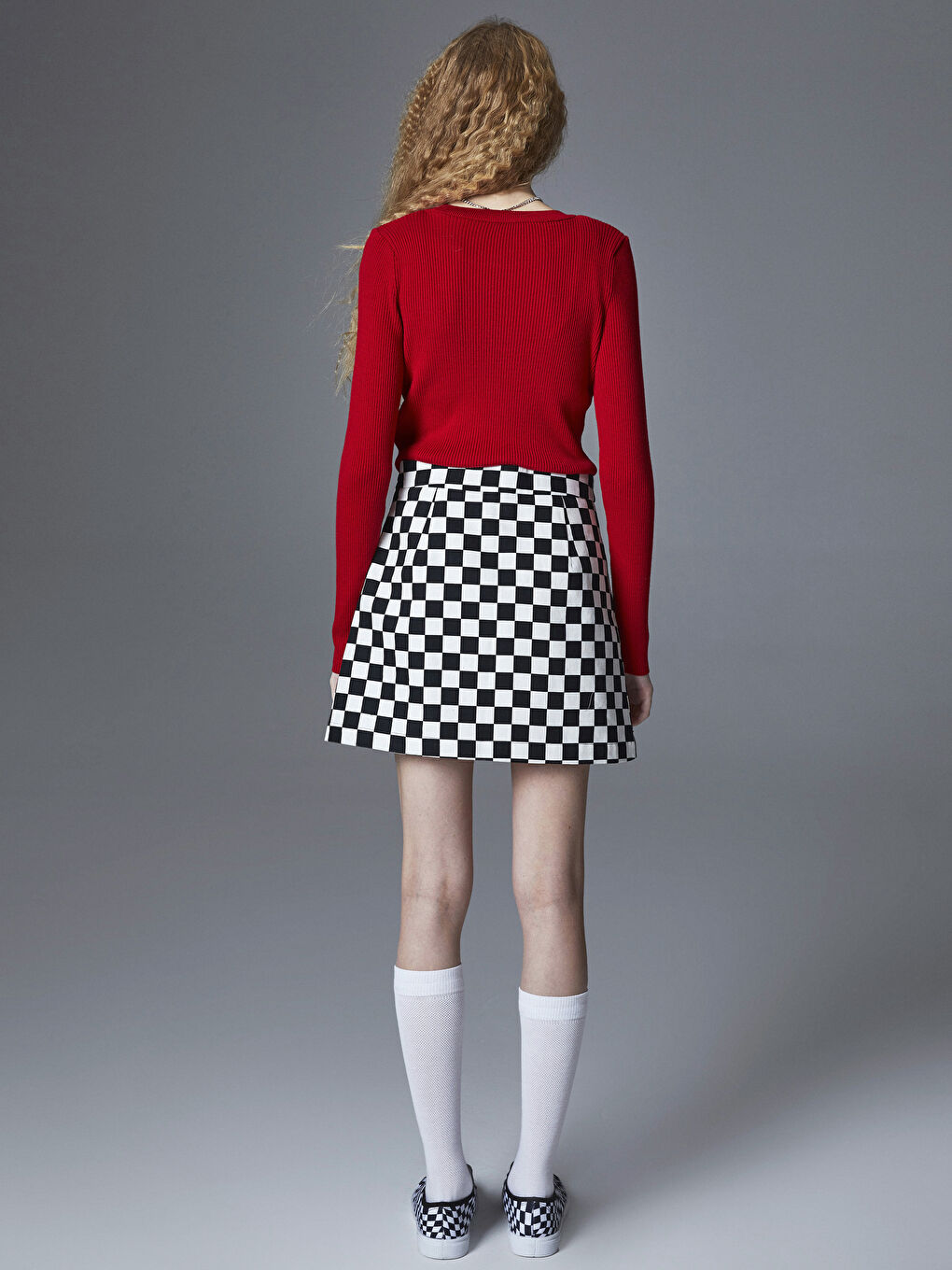 Siyah Standart Fit Ekose Gabardin Kadın Etek-3