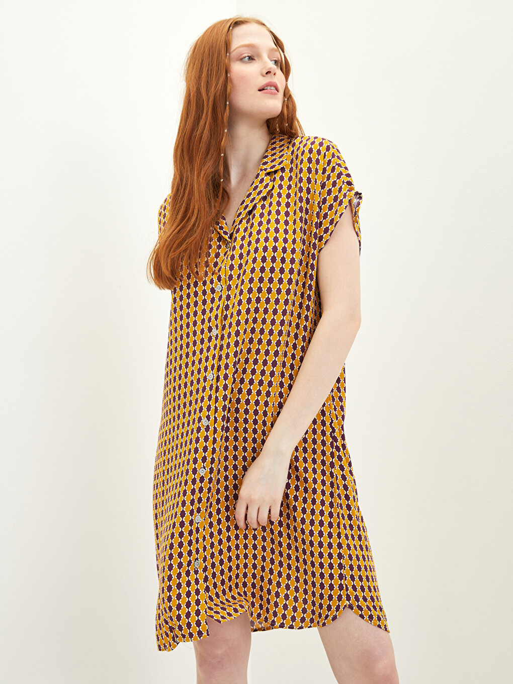 Shirt Collar Patterned Short Sleeve Voile Fabric Women Beach Dress