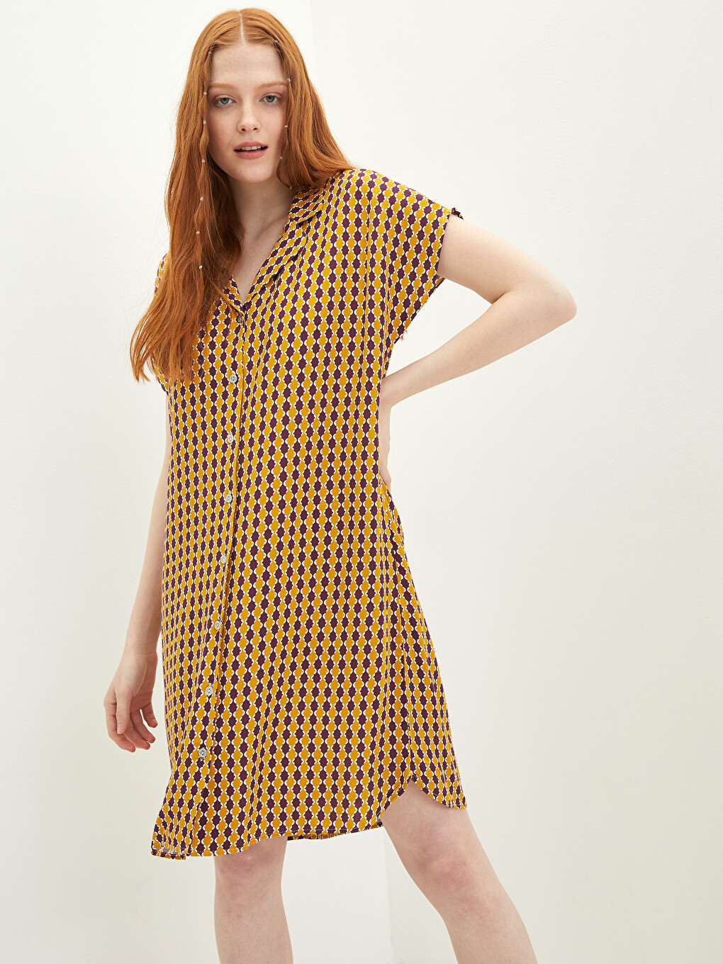 Shirt Collar Patterned Short Sleeve Voile Fabric Women Beach Dress-1