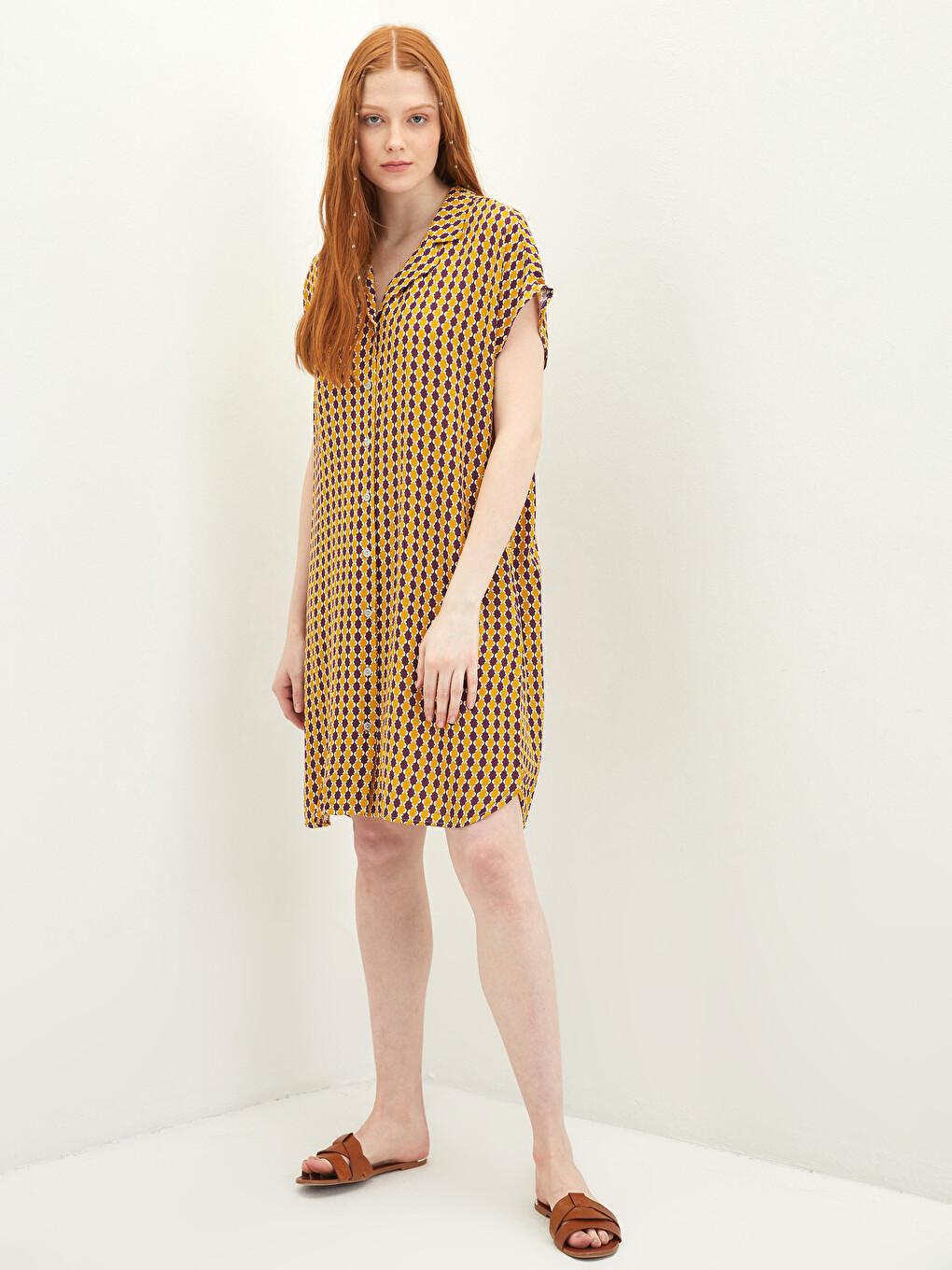 Shirt Collar Patterned Short Sleeve Voile Fabric Women Beach Dress-2