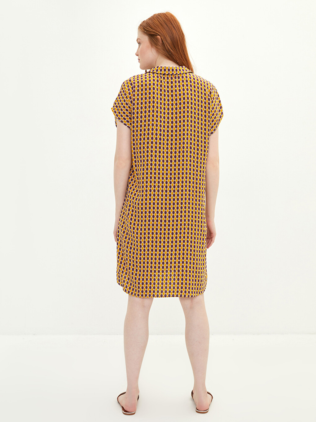 Shirt Collar Patterned Short Sleeve Voile Fabric Women Beach Dress-4