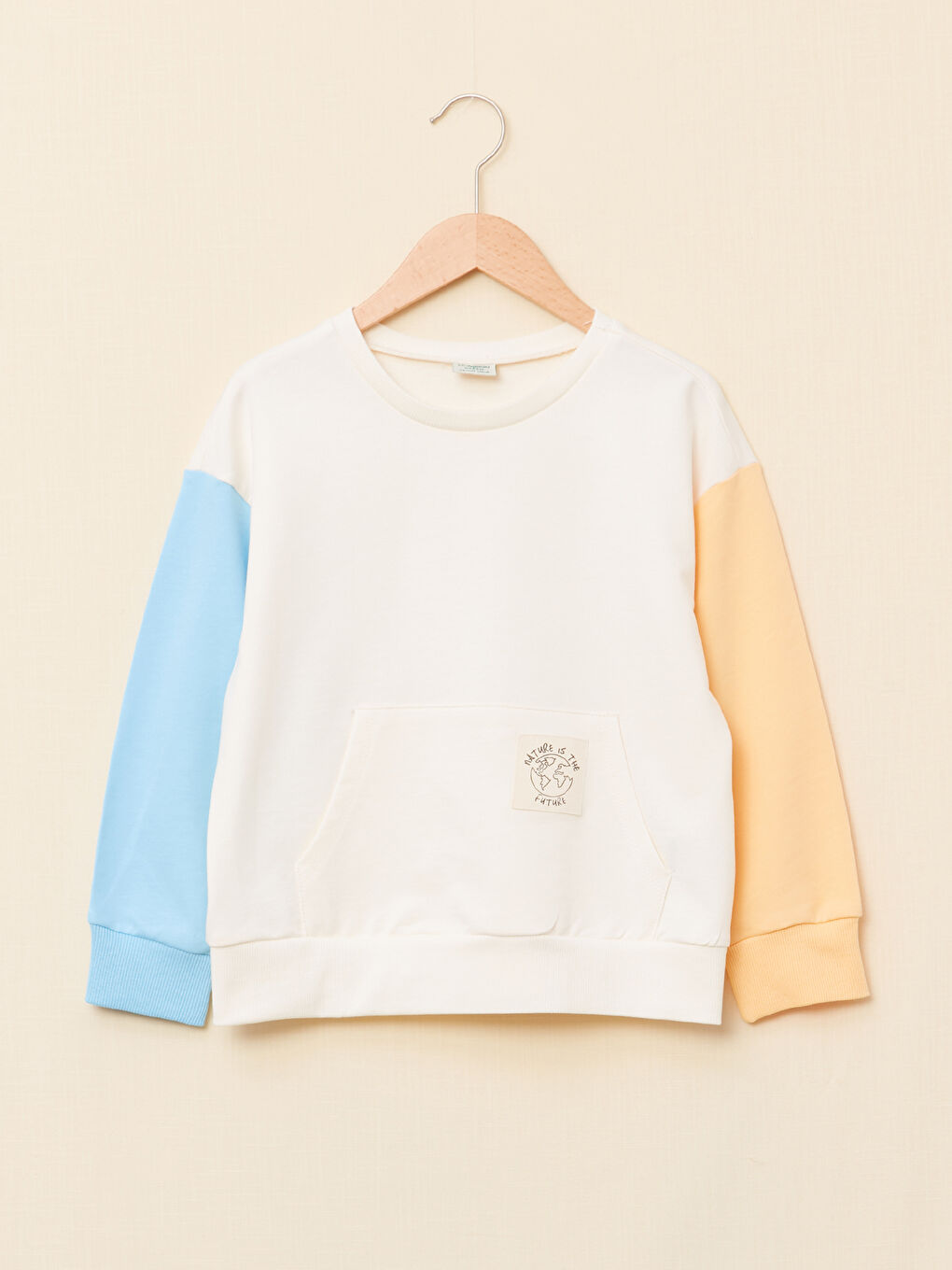 Ekru Bisiklet Yaka Renk Bloklu Uzun Kollu Kız Çocuk Sweatshirt