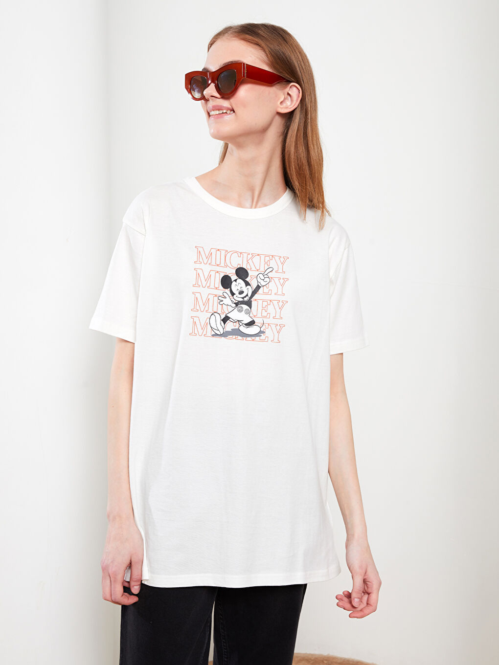 Crew Neck Mickey Mouse Printed Short Sleeve Cotton Women's Tunic-1