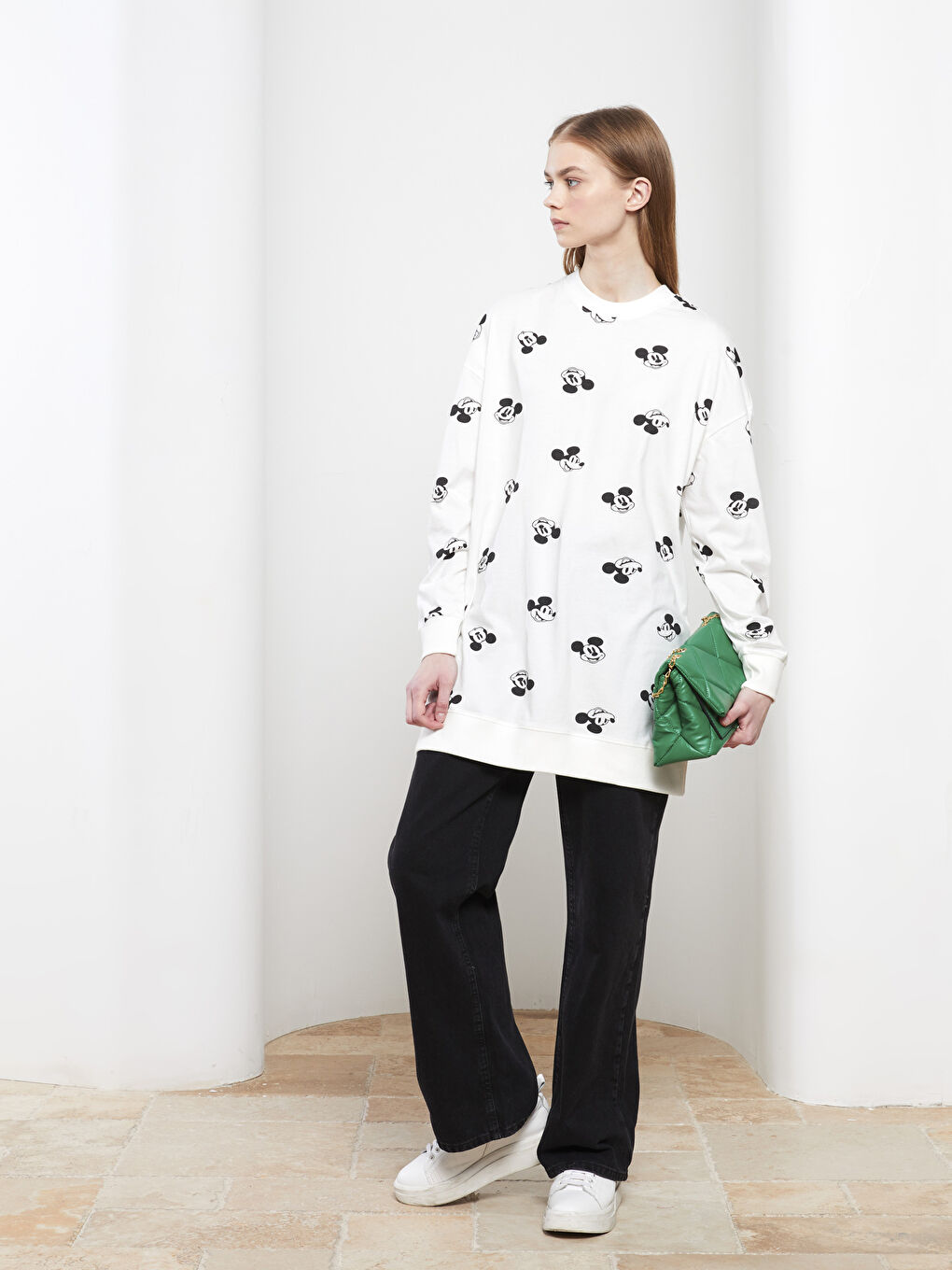 Crew Neck Mickey Mouse Printed Long Sleeve Oversize Cotton Women's Tunic -S2AV94Z8-LRA