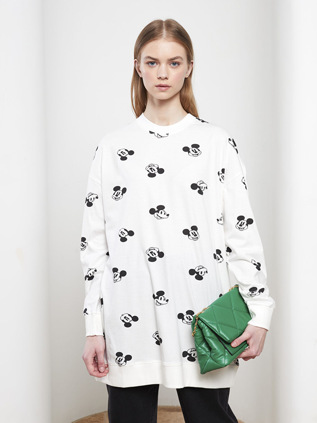 Crew Neck Mickey Mouse Printed Long Sleeve Oversize Cotton Women's Tunic -S2AV94Z8-LRA