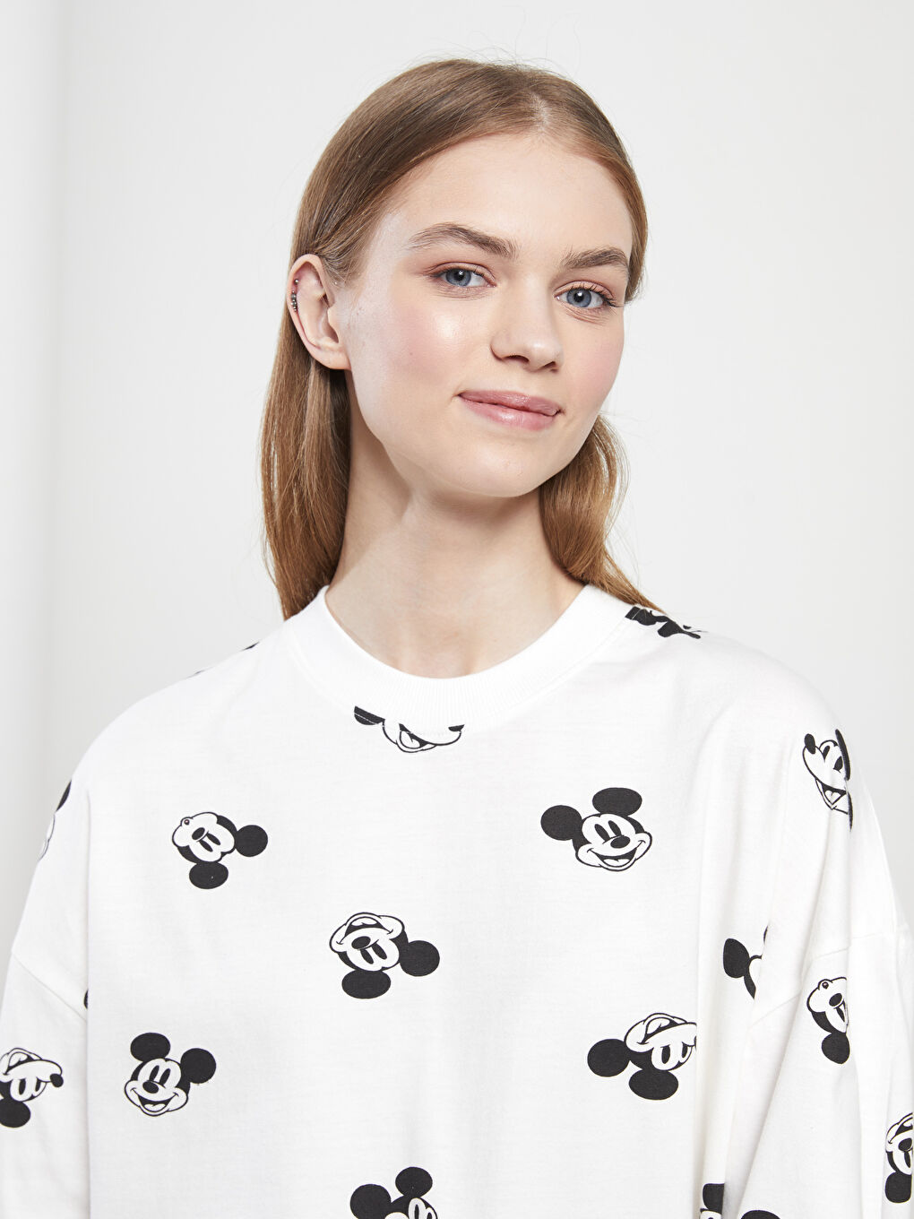 Crew Neck Mickey Mouse Printed Long Sleeve Oversize Cotton Women's Tunic -S2AV94Z8-LRA