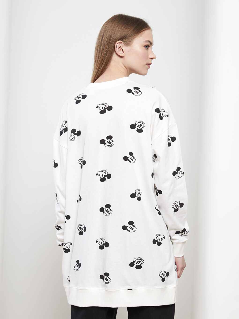 Crew Neck Mickey Mouse Printed Long Sleeve Oversize Cotton Women's Tunic -S2AV94Z8-LRA
