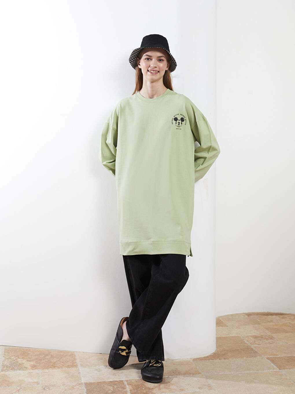 Crew Neck Mickey Mouse Printed Long Sleeve Oversize Cotton Women's Sweatshirt Tunic -S2AV96Z8-RQ2