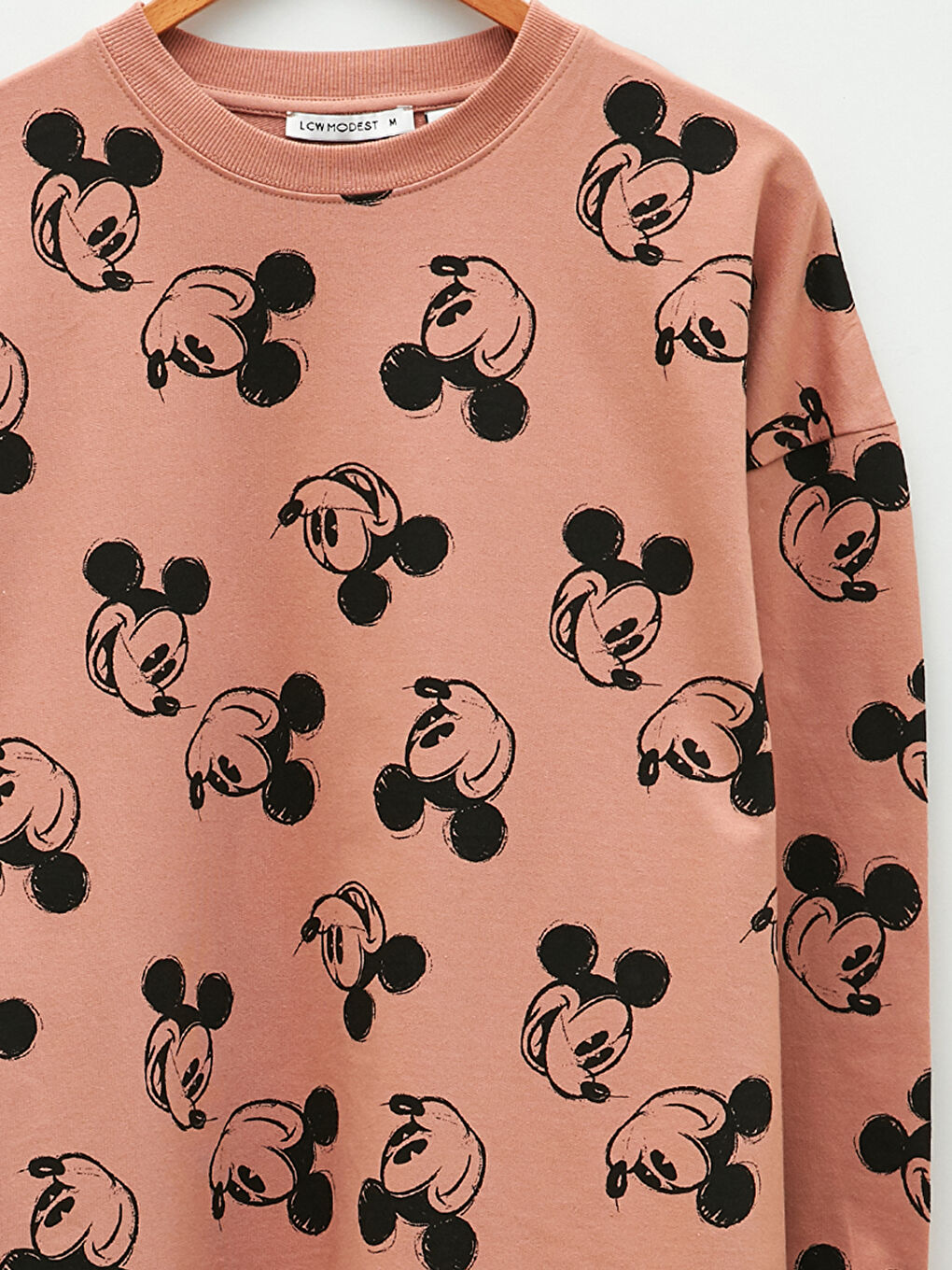 LCW Modest Bisiklet Yaka Mickey Mouse Baskılı Uzun Kollu Oversize Pamuklu Kadın Sweatshirt Tunik -S2AV97Z8-LT4