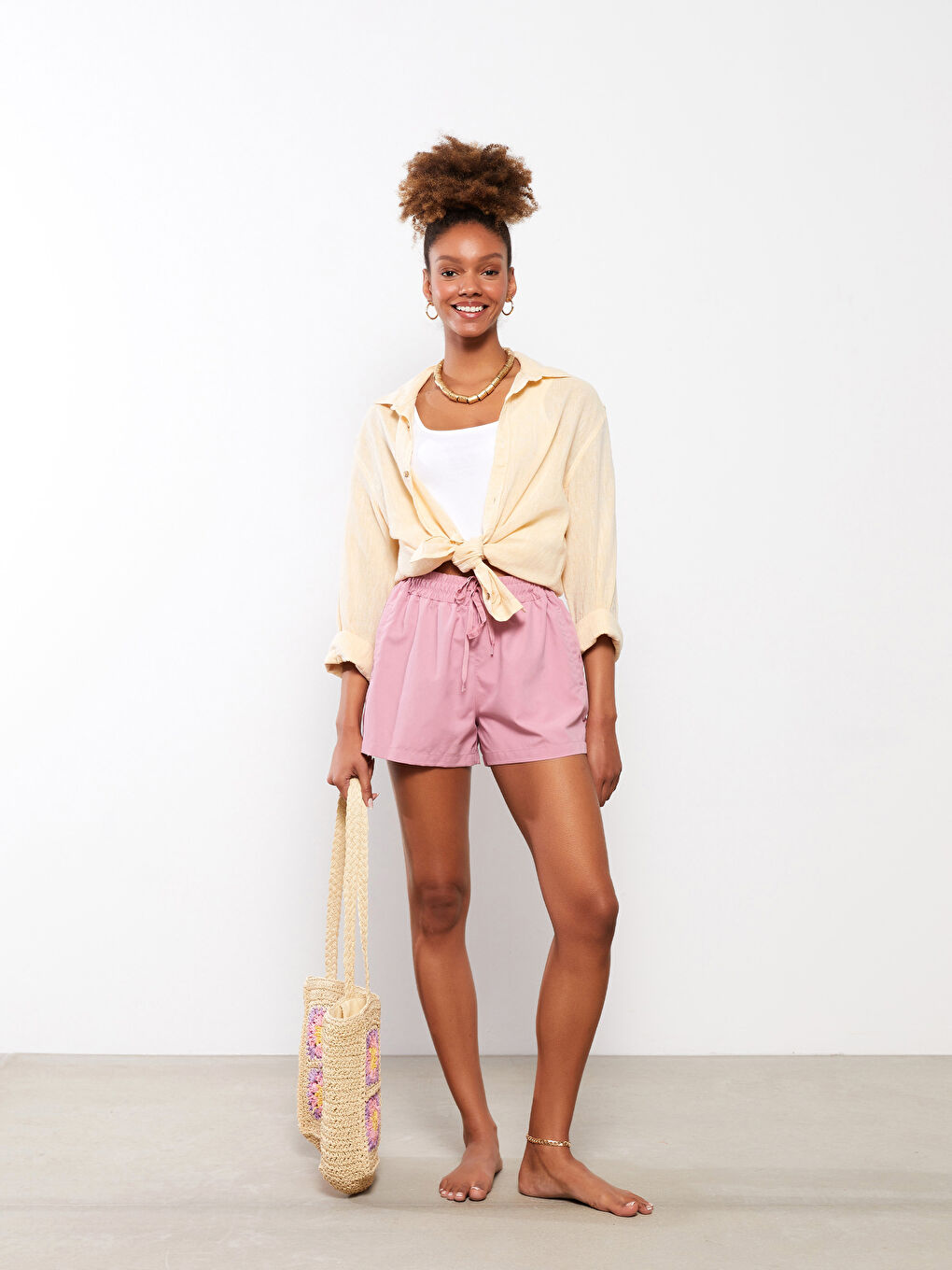 Pembe Beli Lastikli Kadın Deniz Şortu