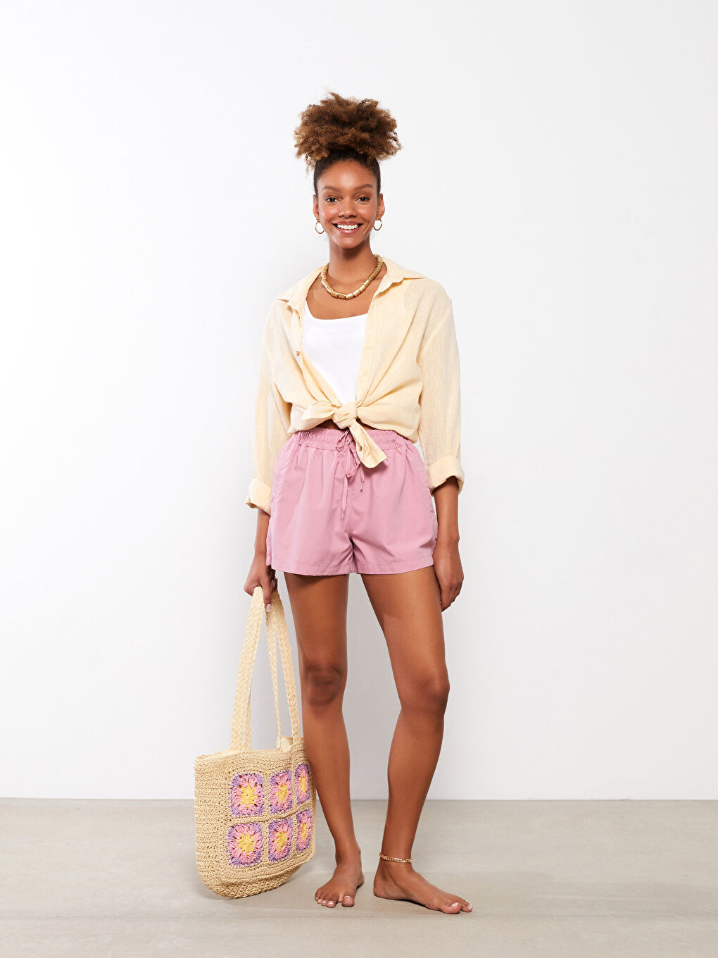 Pembe Beli Lastikli Kadın Deniz Şortu-1