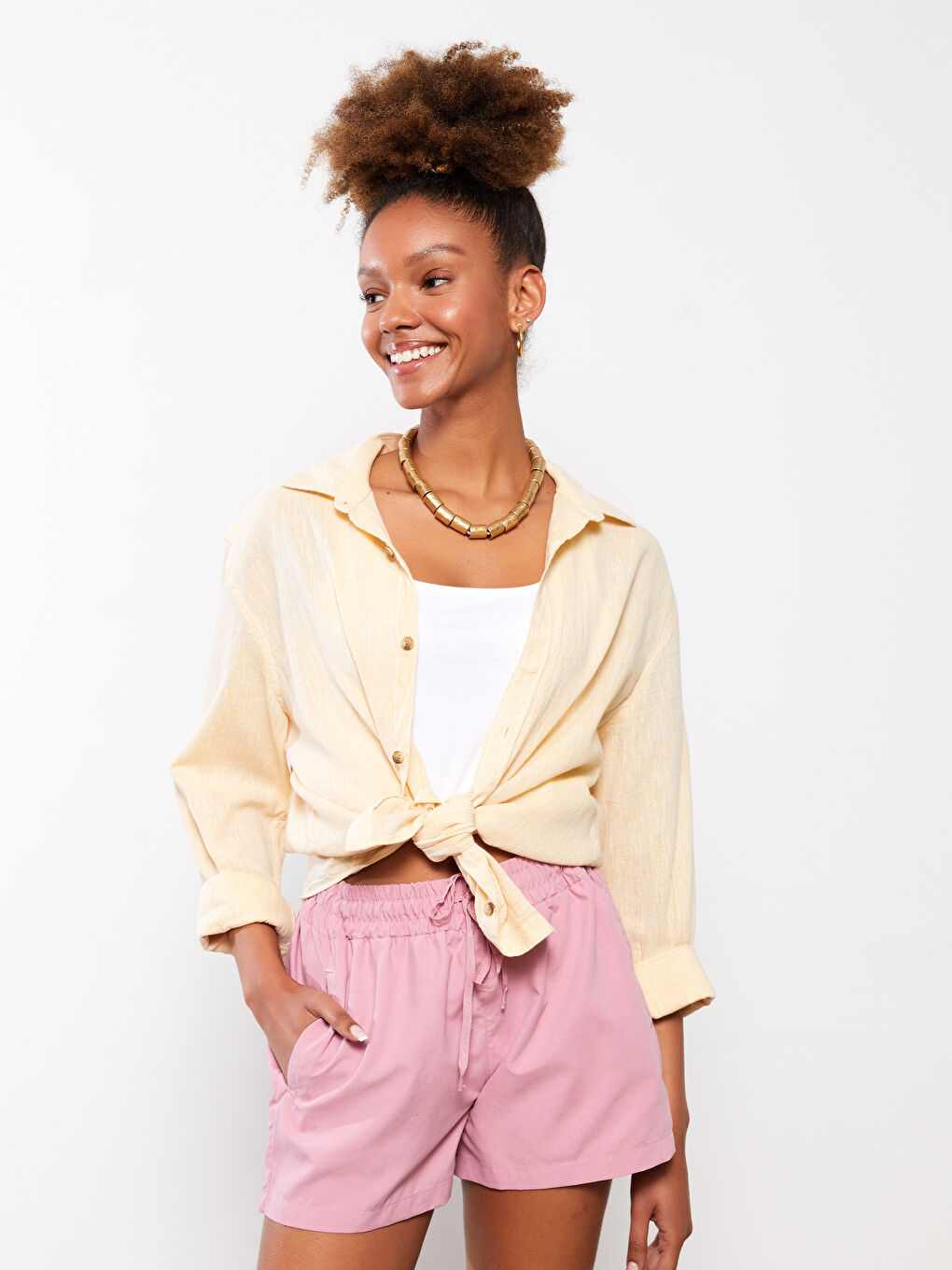 Pembe Beli Lastikli Kadın Deniz Şortu-2