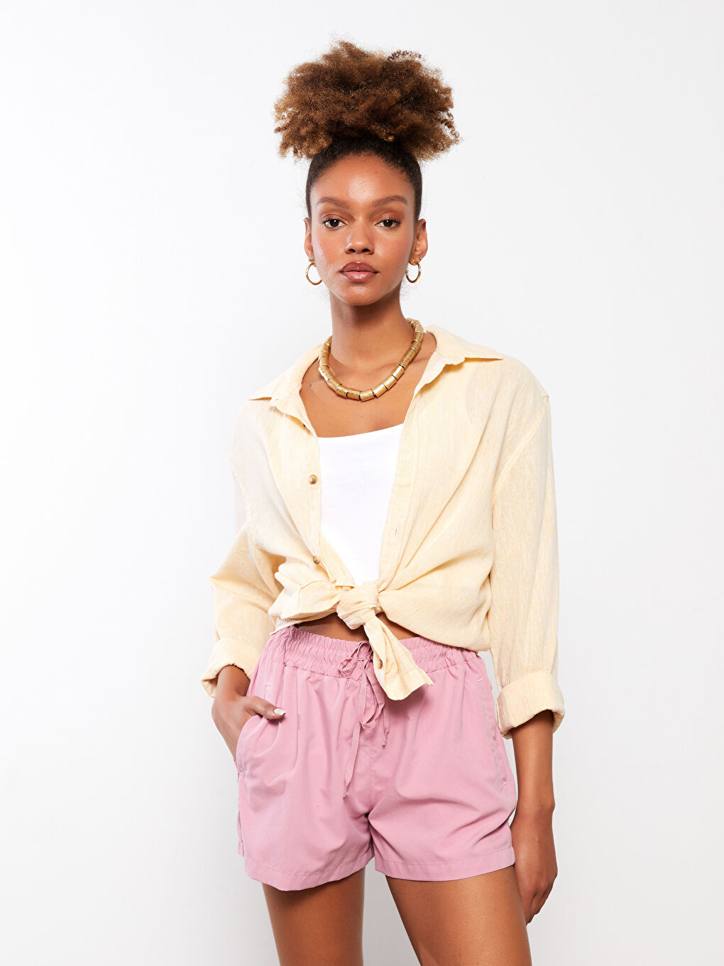 Pembe Beli Lastikli Kadın Deniz Şortu-3