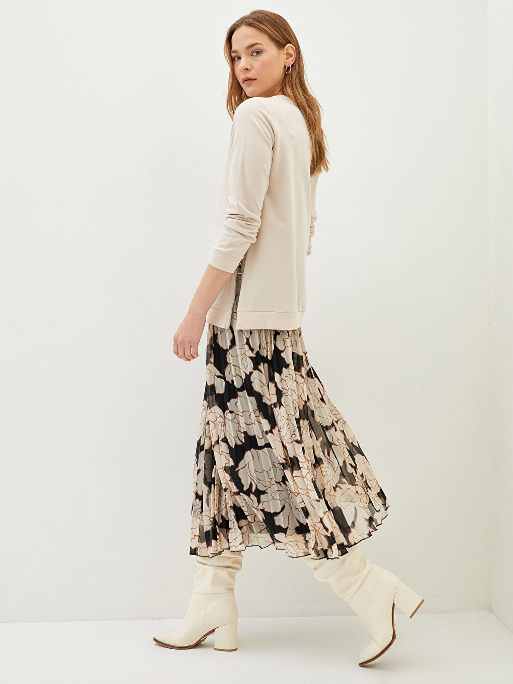 Ekru Beli Lastikli Desenli Şifon Kumaş Kadın Pileli Etek-1