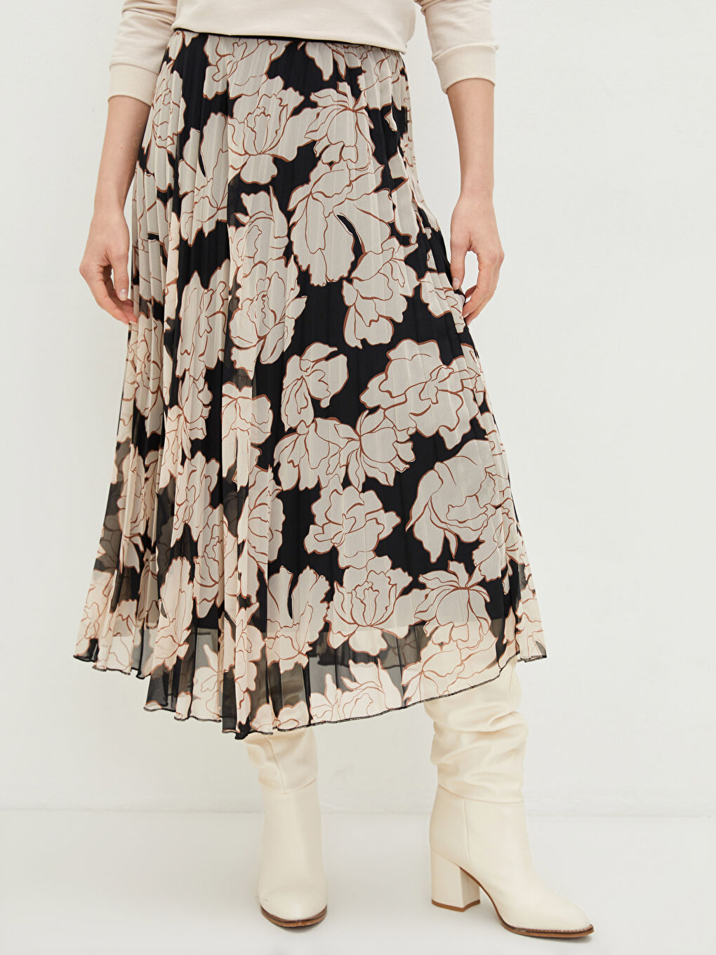 Ekru Beli Lastikli Desenli Şifon Kumaş Kadın Pileli Etek-3