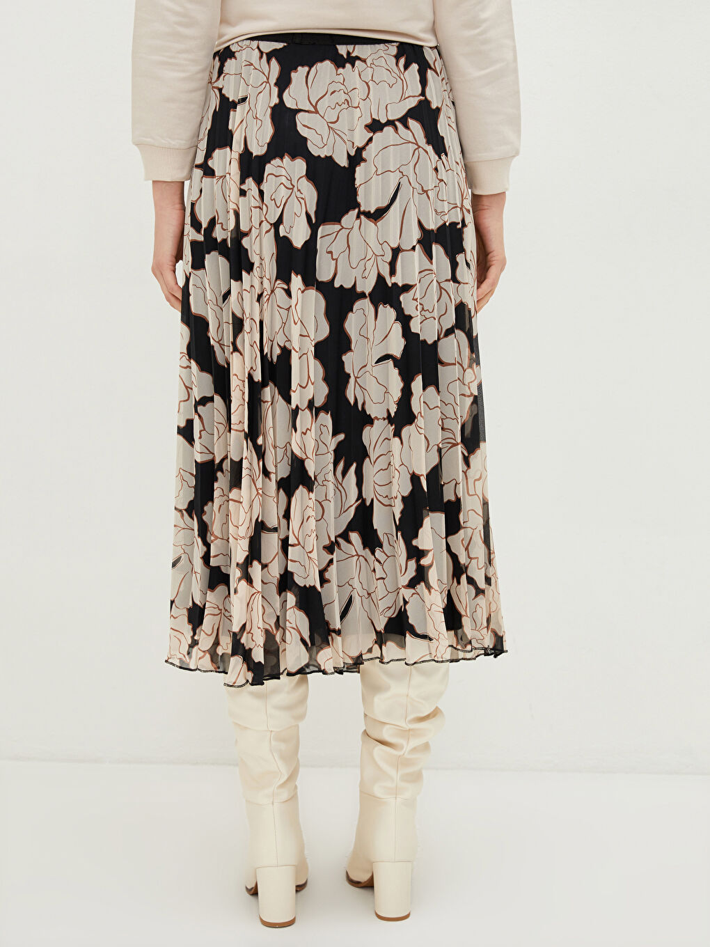 Ekru Beli Lastikli Desenli Şifon Kumaş Kadın Pileli Etek-4