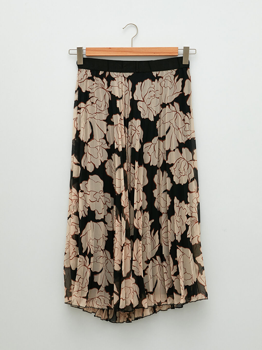 Ekru Beli Lastikli Desenli Şifon Kumaş Kadın Pileli Etek-5