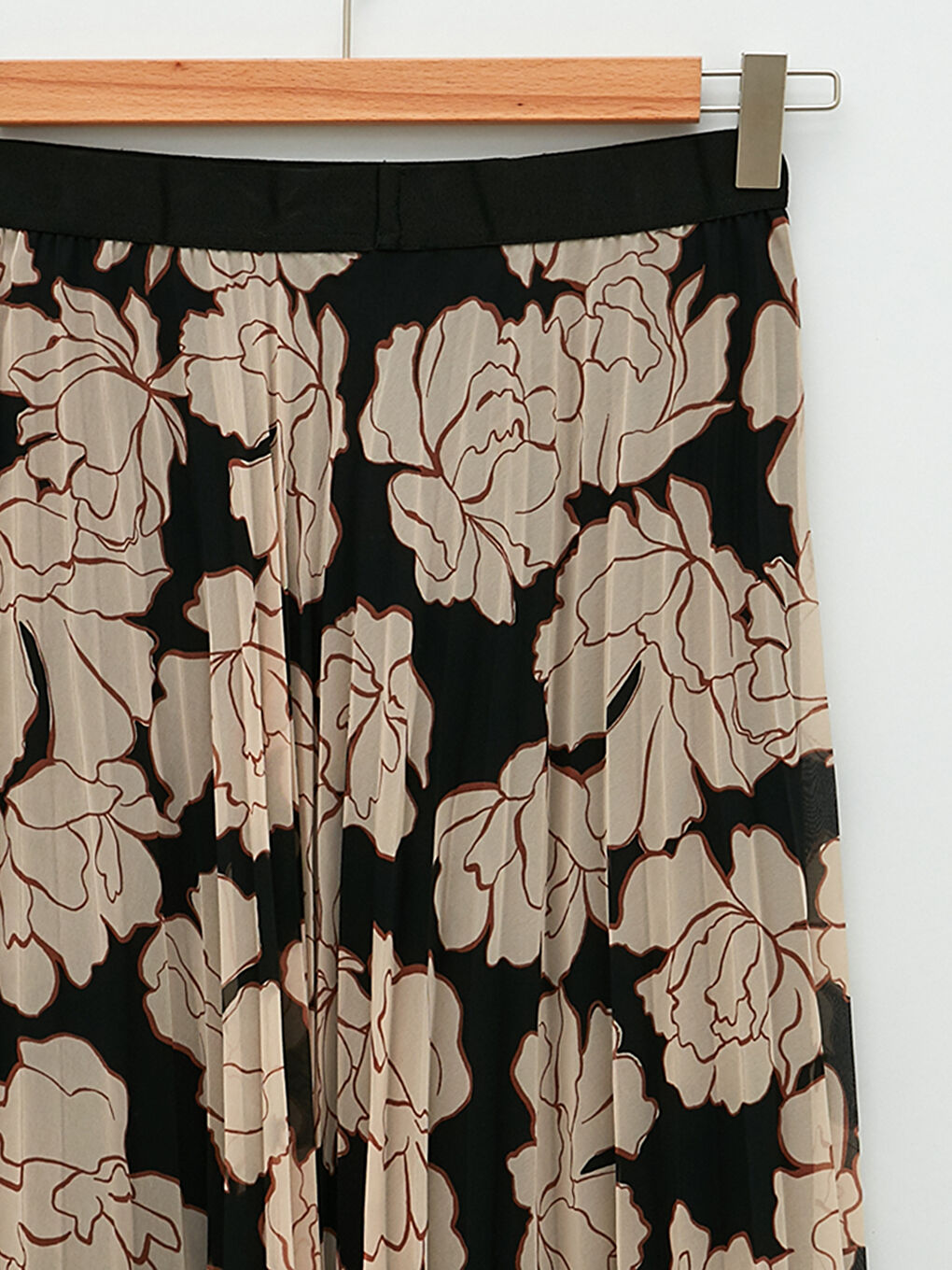 Ekru Beli Lastikli Desenli Şifon Kumaş Kadın Pileli Etek-7