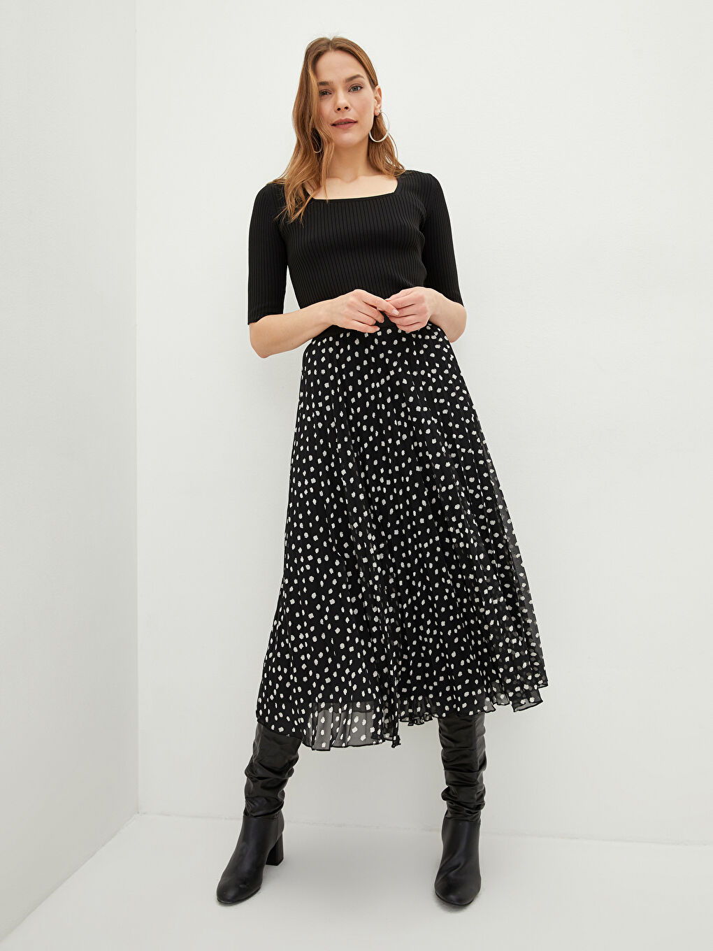 Elastic Waist Patterned Chiffon Fabric Women's Pleated Skirt -S2BB20Z8-LQJ