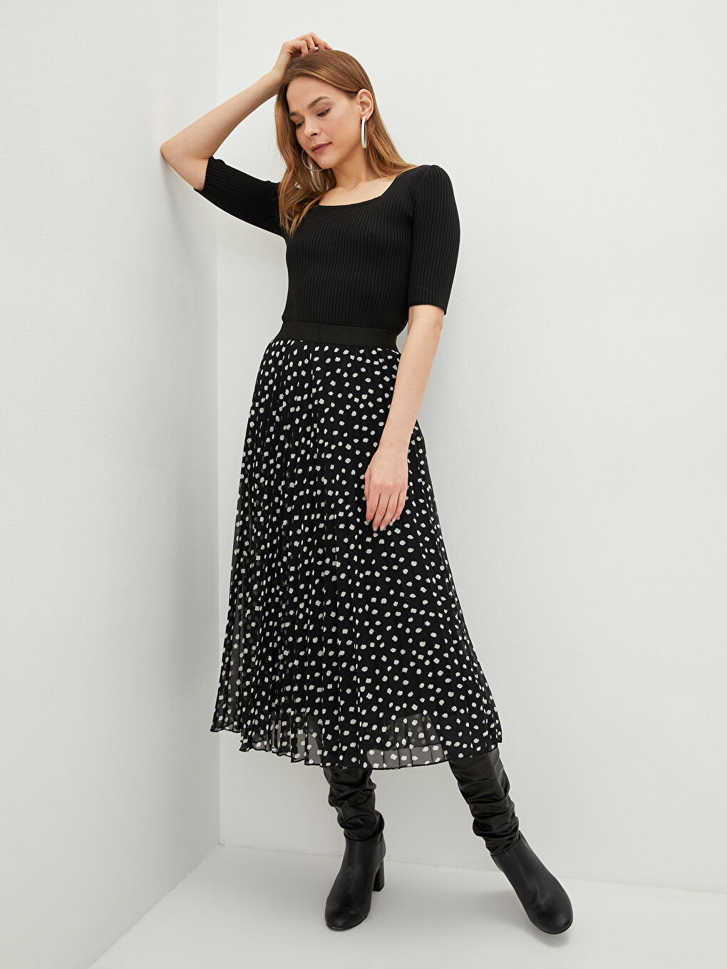 Elastic Waist Patterned Chiffon Fabric Women's Pleated Skirt -S2BB20Z8-LQJ