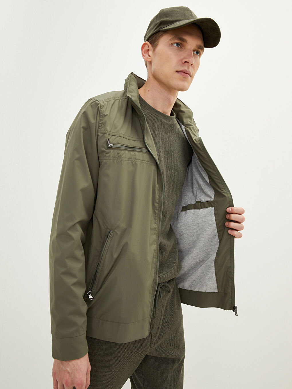 Haki Rahat Kalıp Dik Yaka Erkek İnce Mont-2