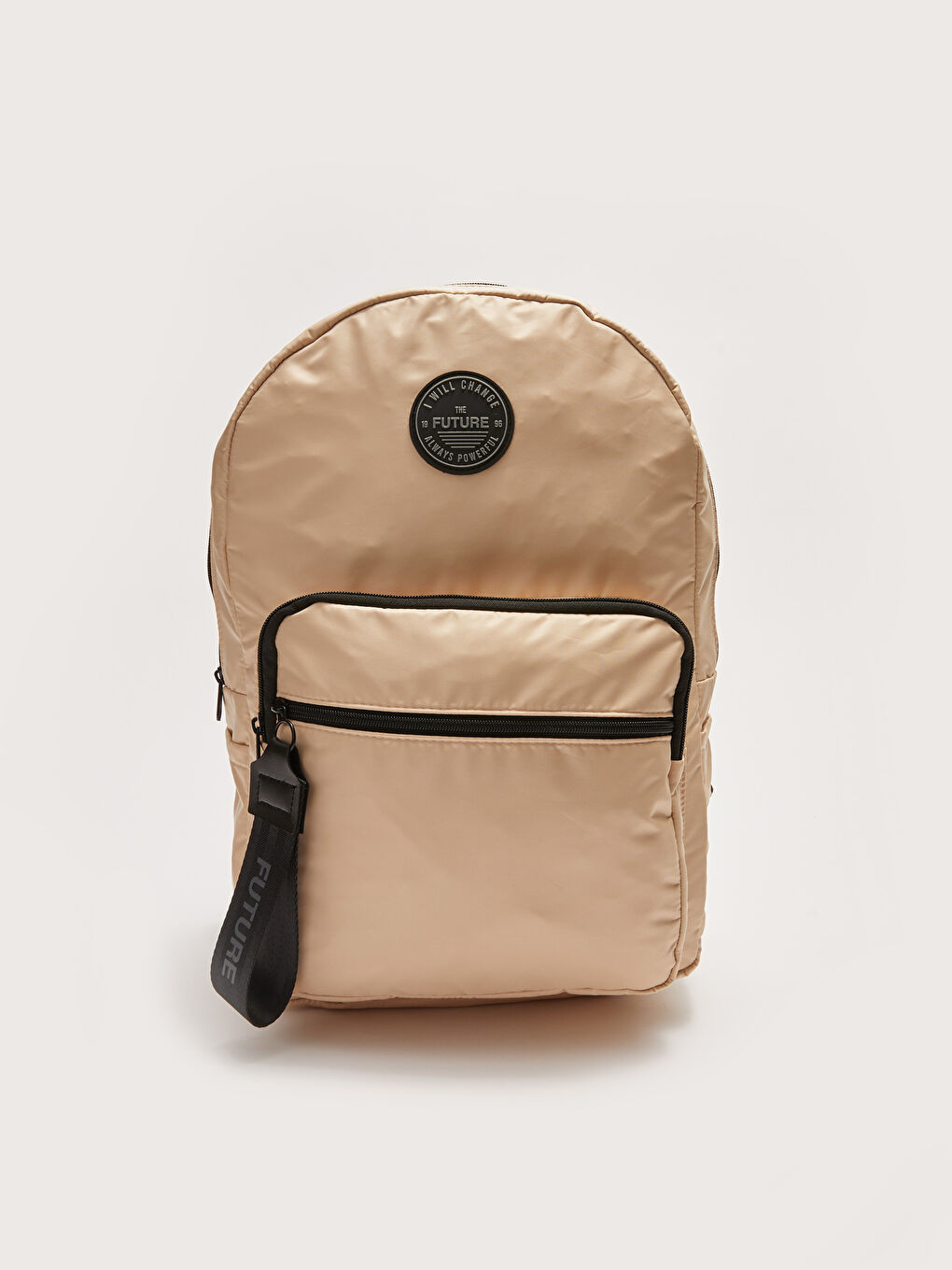 Bej Paraşüt Kumaş Etiket Baskılı Kadın Sırt Çantası