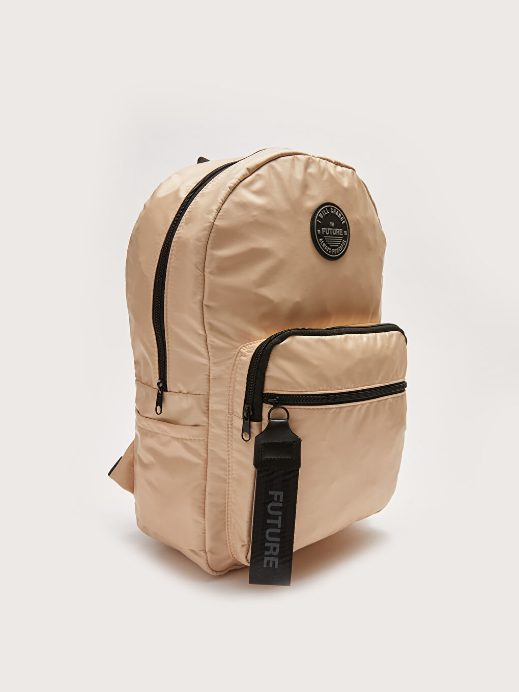 Bej Paraşüt Kumaş Etiket Baskılı Kadın Sırt Çantası-1