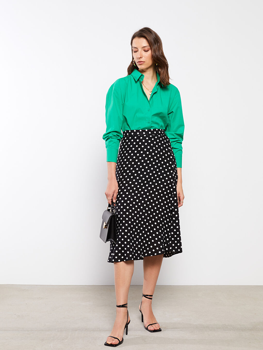 Siyah Beli Lastikli Puantiyeli A Kesim Kadın Viskon Etek-1