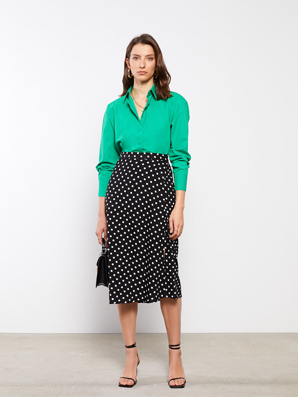 Siyah Beli Lastikli Puantiyeli A Kesim Kadın Viskon Etek-2