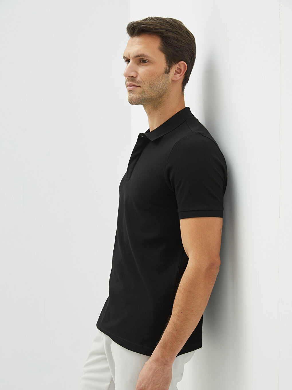 Siyah Polo Yaka Kısa Kollu Pike Erkek Tişört-1