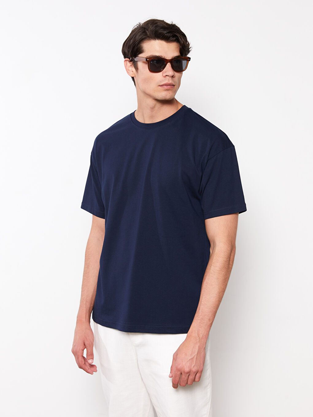 Lacivert Oversize Bisiklet Yaka Kısa Kollu Penye Erkek Tişört