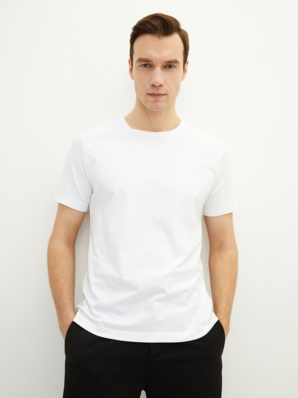 Beyaz Bisiklet Yaka Penye Erkek Tişört