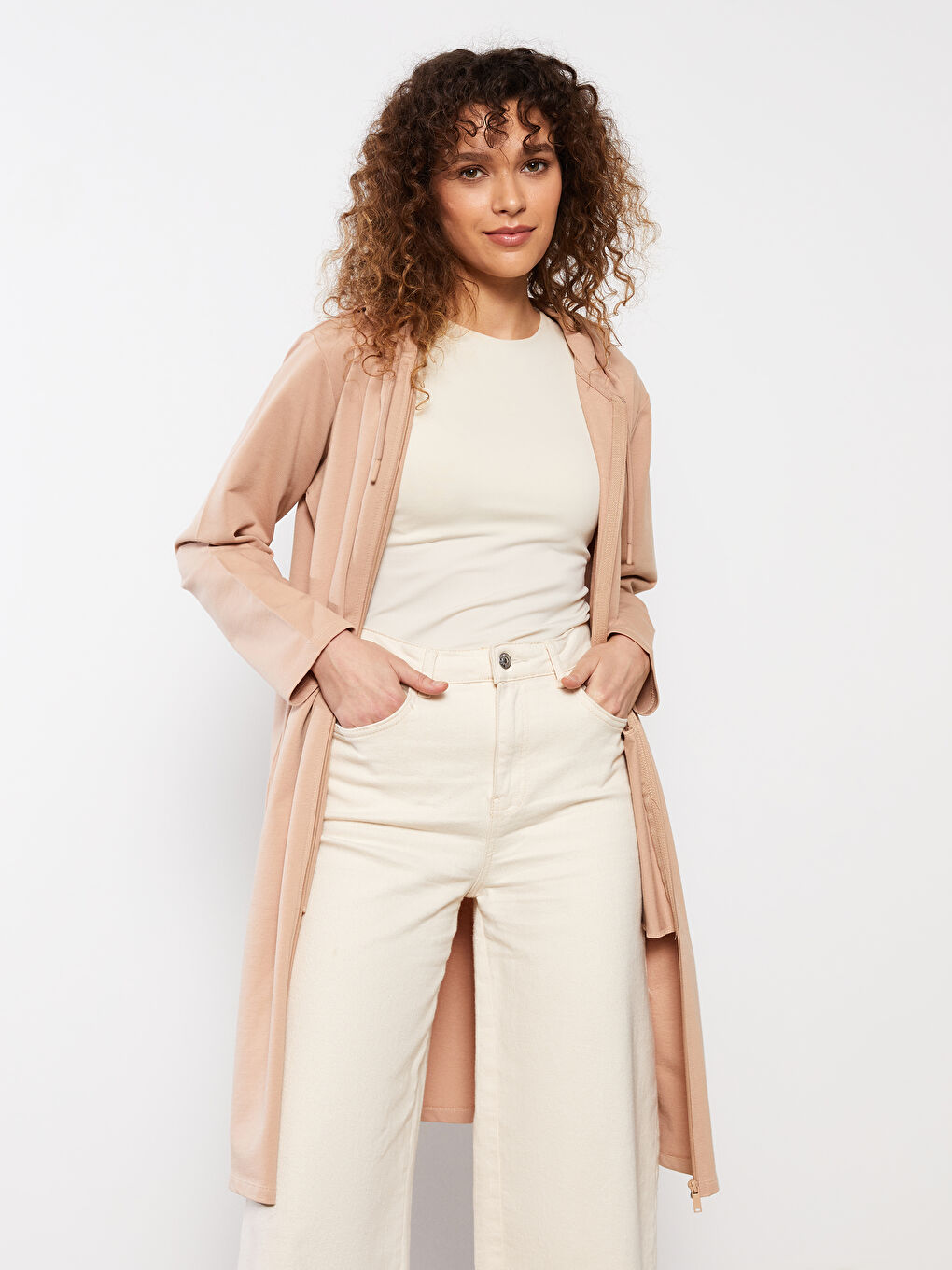 Bej Kapüşonlu Düz Uzun Kollu Kadın Hırka