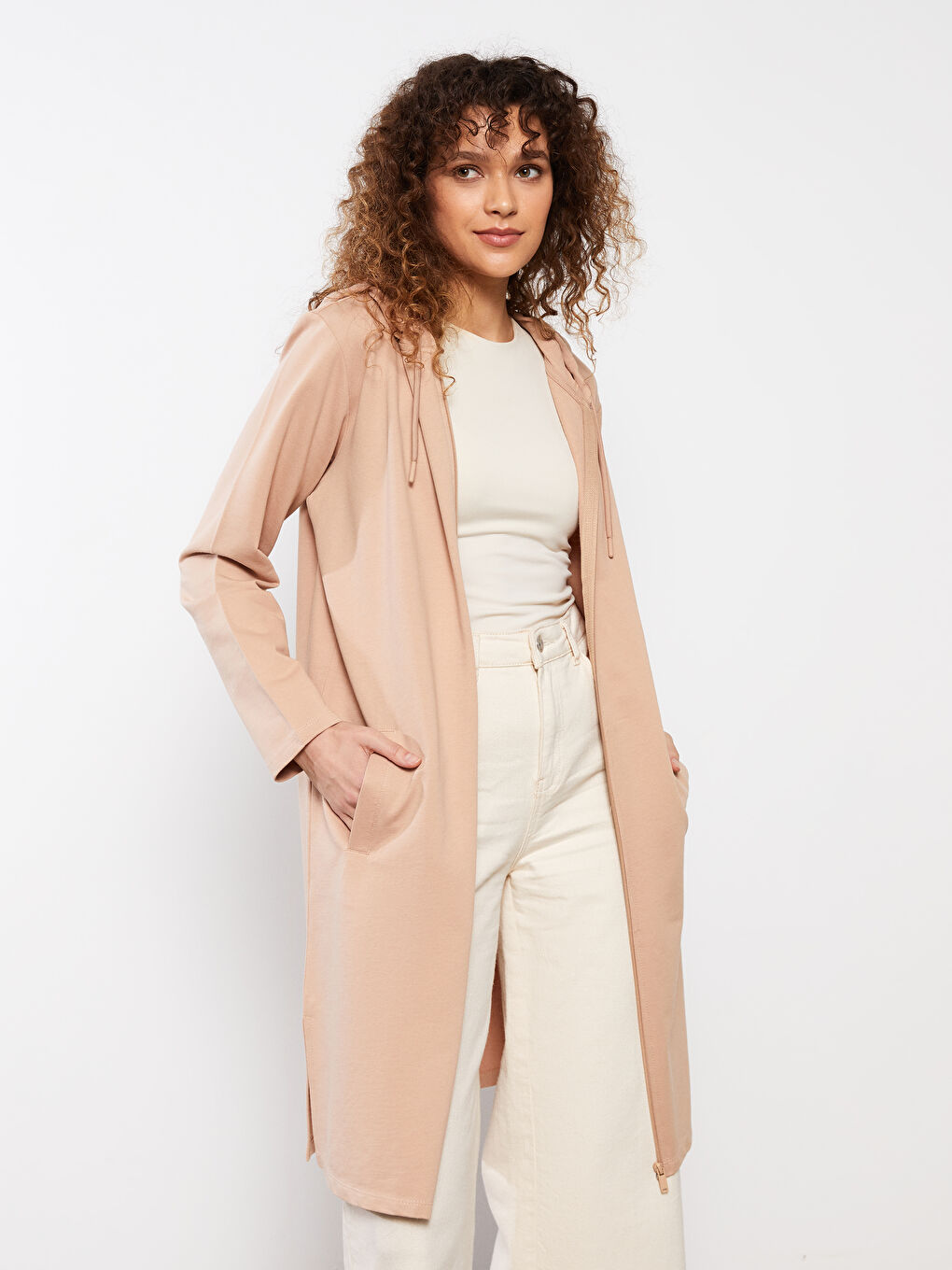 Bej Kapüşonlu Düz Uzun Kollu Kadın Hırka-1
