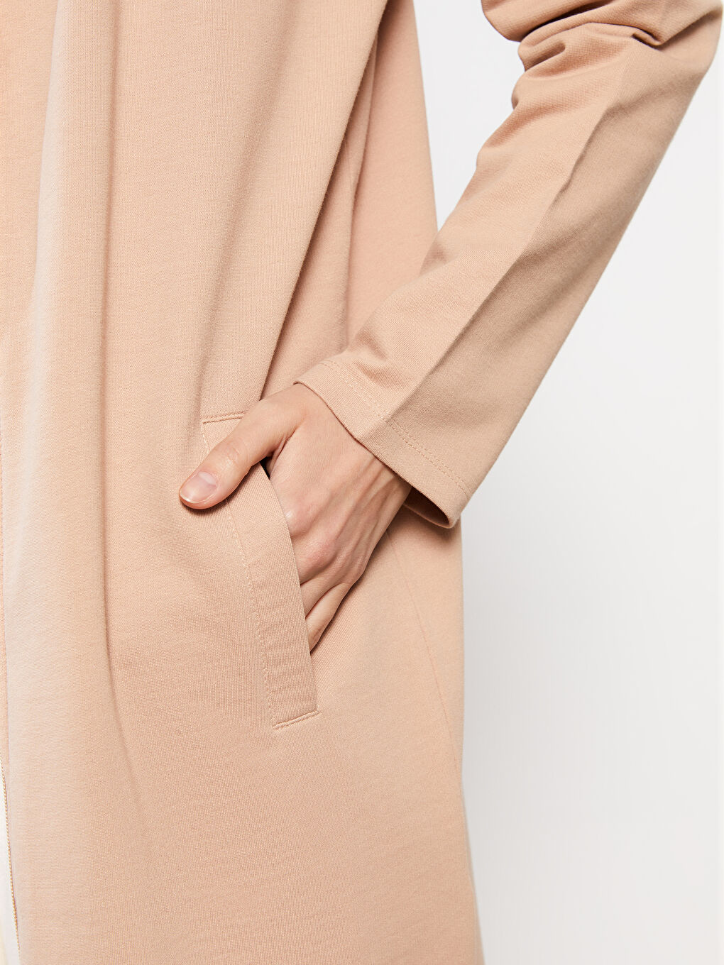 Bej Kapüşonlu Düz Uzun Kollu Kadın Hırka-3