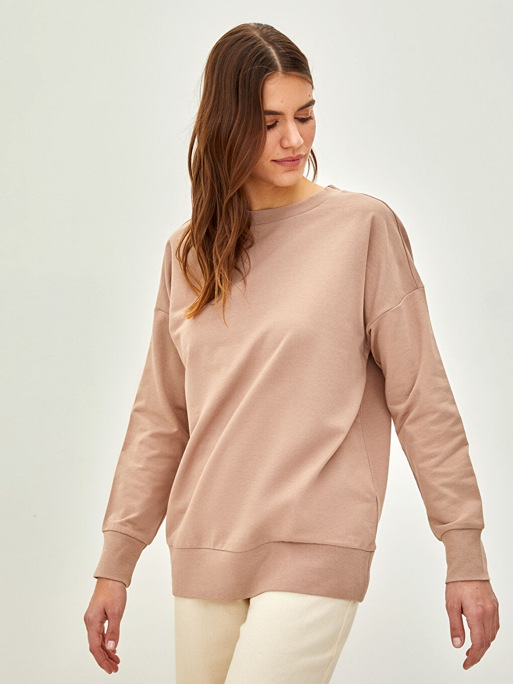 Kahverengi Bisiklet Yaka Düz Uzun Kollu Kadın Sweatshirt-1