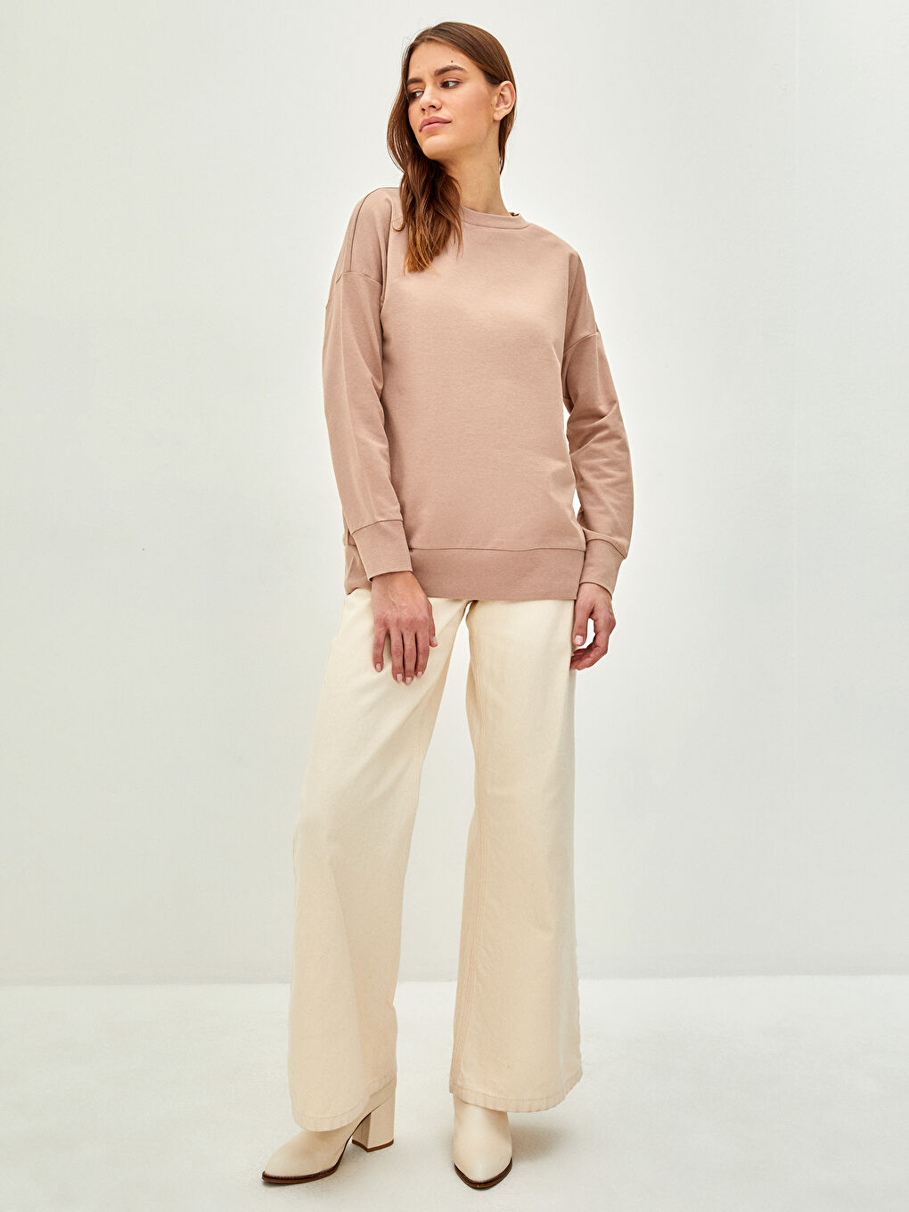 Kahverengi Bisiklet Yaka Düz Uzun Kollu Kadın Sweatshirt-2