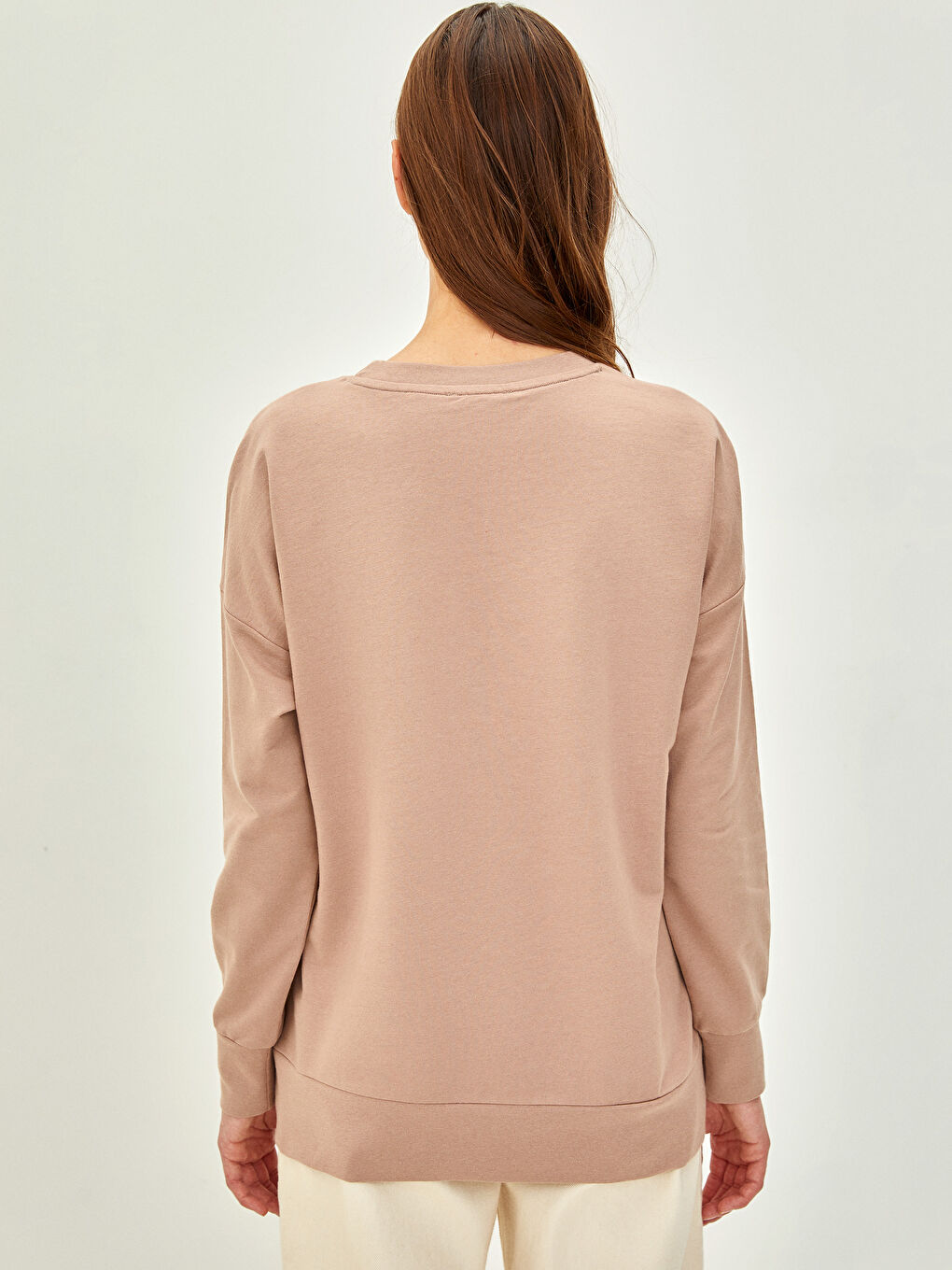 Kahverengi Bisiklet Yaka Düz Uzun Kollu Kadın Sweatshirt-4