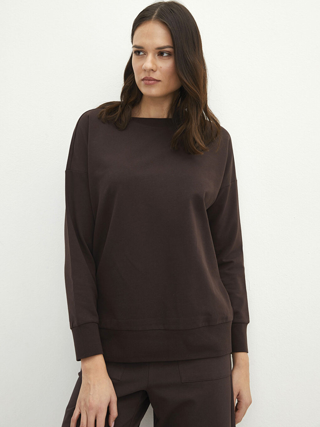 Kahverengi Bisiklet Yaka Düz Uzun Kollu Kadın Sweatshirt