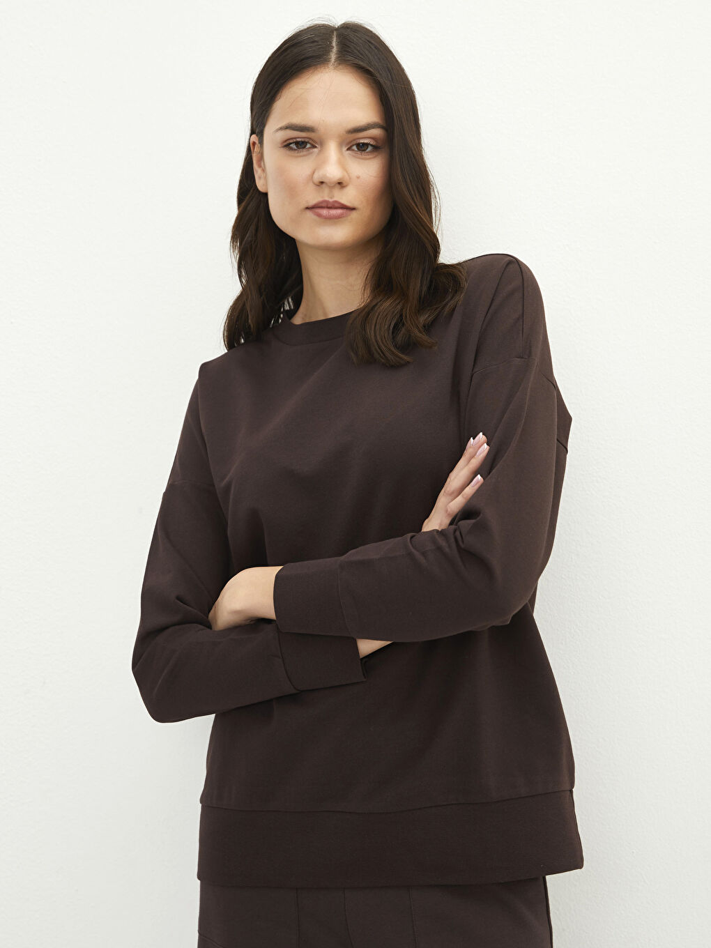 Kahverengi Bisiklet Yaka Düz Uzun Kollu Kadın Sweatshirt-1