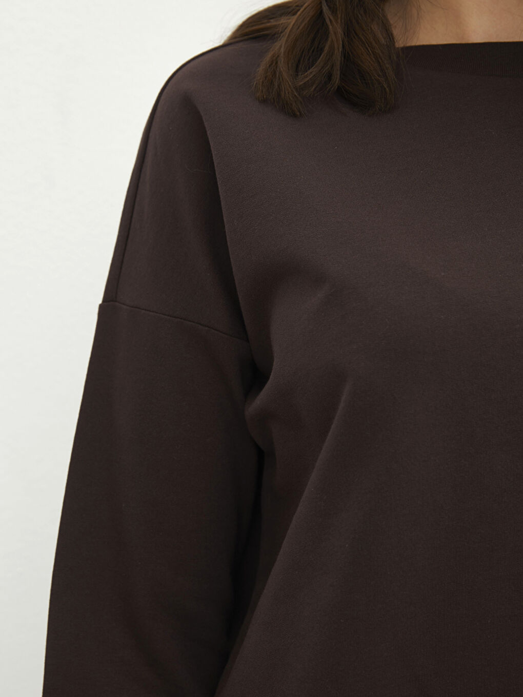 Kahverengi Bisiklet Yaka Düz Uzun Kollu Kadın Sweatshirt-3