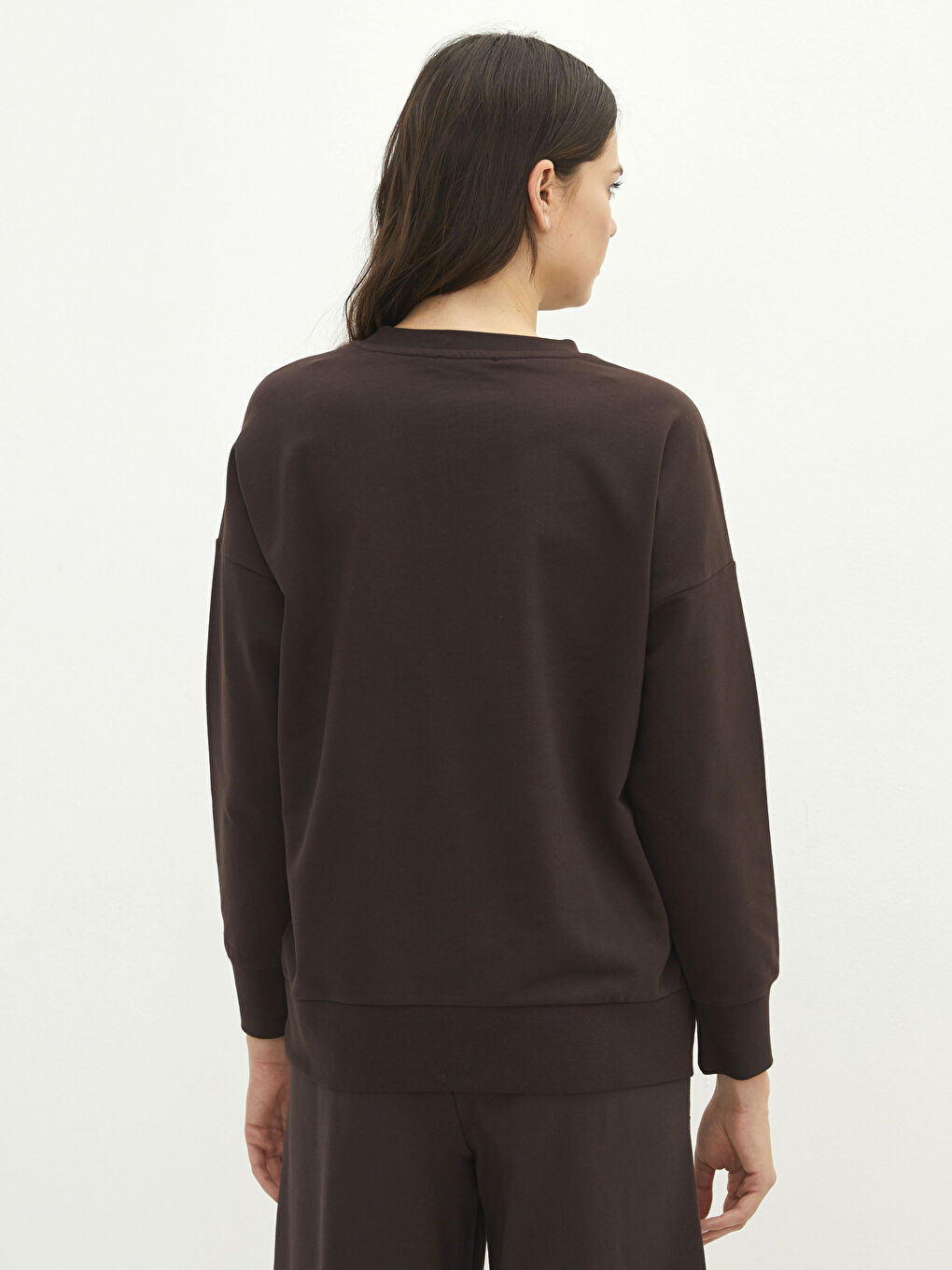 Kahverengi Bisiklet Yaka Düz Uzun Kollu Kadın Sweatshirt-4