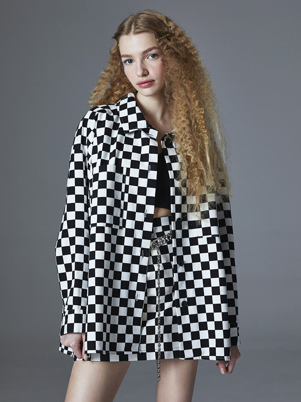 Cămașă pentru Femei cu Închidere Frontală cu Nasturi, Carouri, Mânecă Lungă, Supradimensionată, Țesătură Gabardină-1