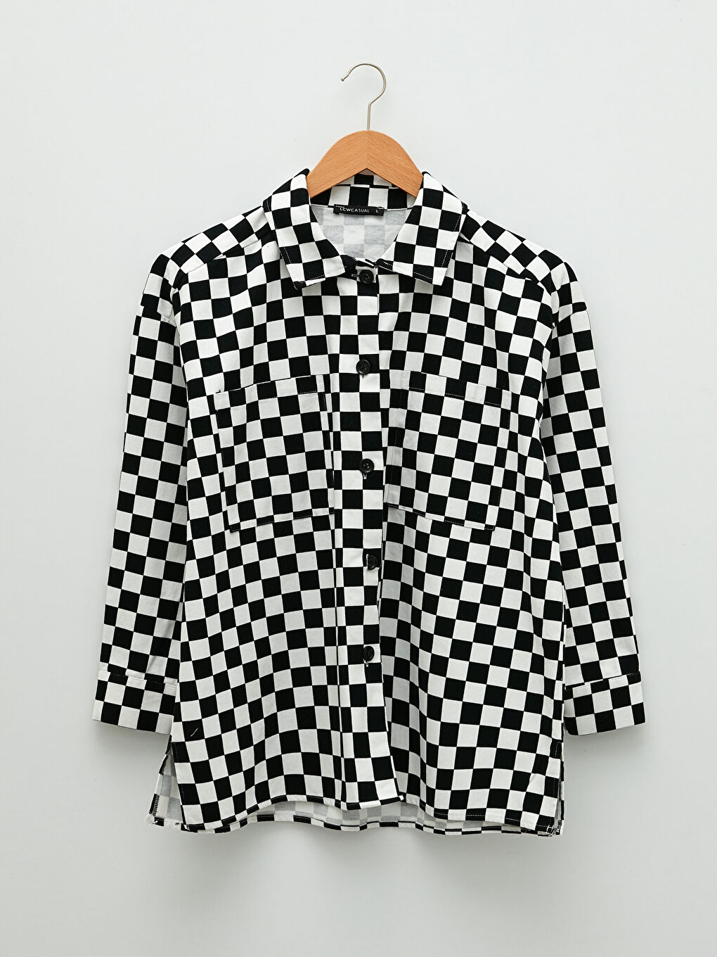 Cămașă pentru Femei cu Închidere Frontală cu Nasturi, Carouri, Mânecă Lungă, Supradimensionată, Țesătură Gabardină-3