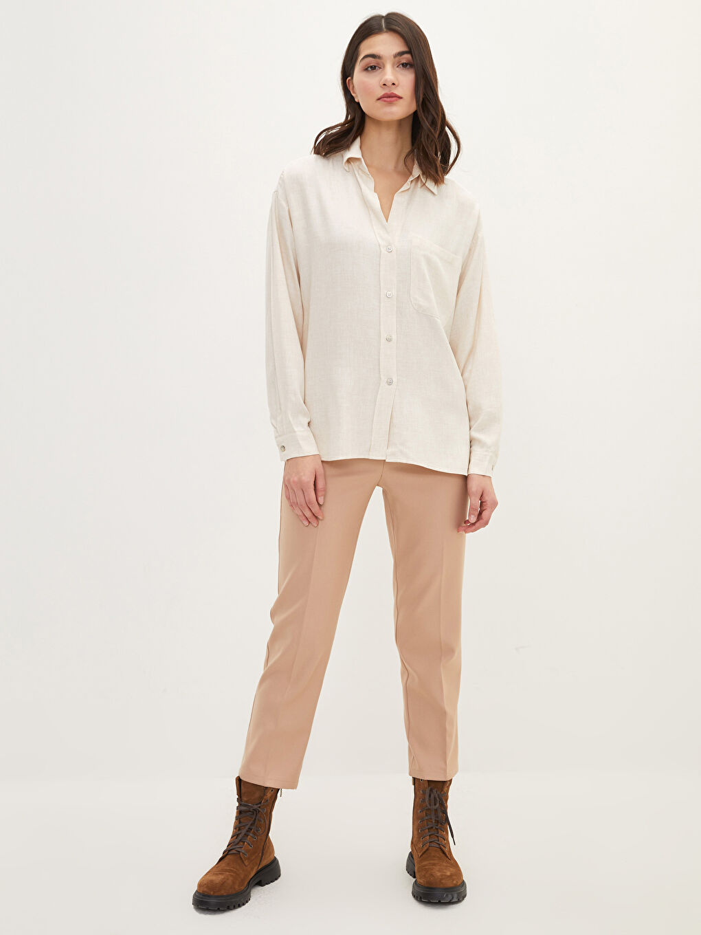 Pembe Önden Düğme Kapamalı Düz Uzun Kollu Viskon Kadın Gömlek-3