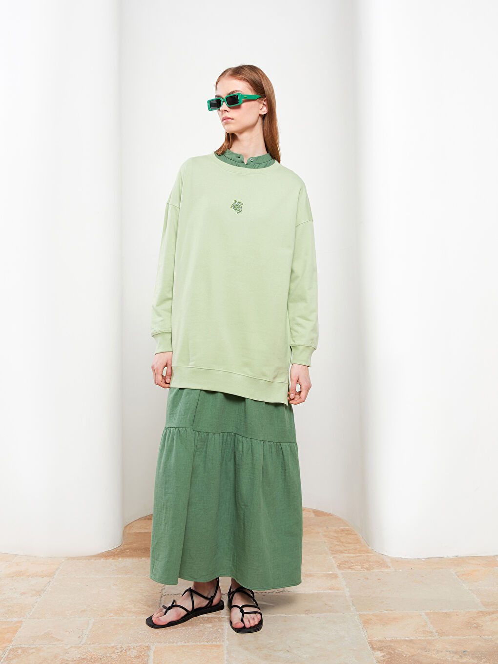 Crew Neck Embroidered Long Sleeve Oversize Cotton Women's Sweatshirt Tunic -S2BB75Z8-RQ2