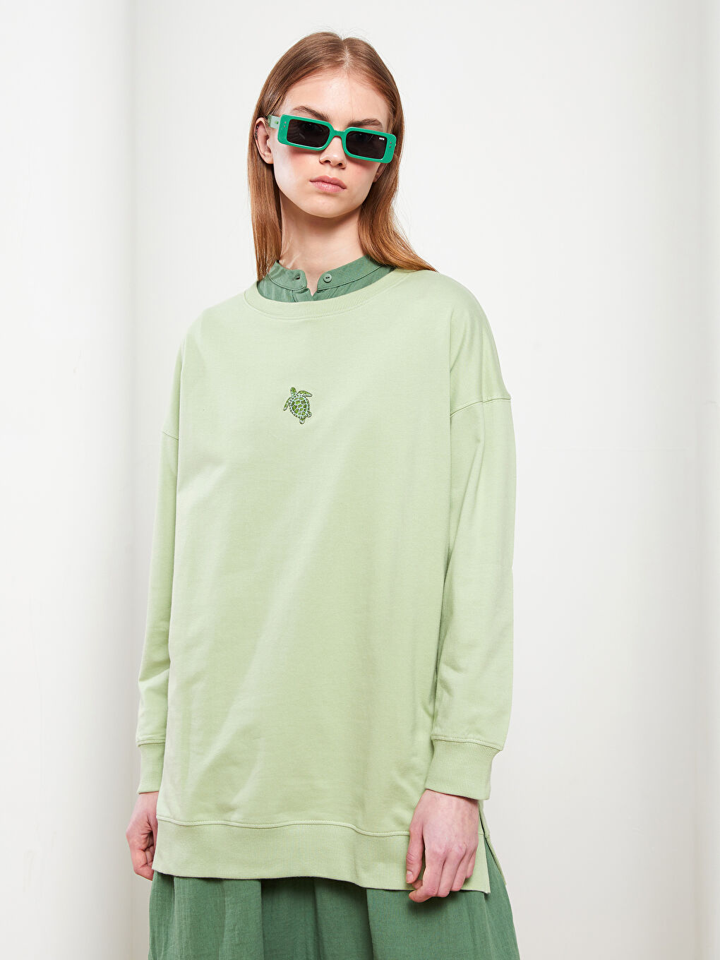Crew Neck Embroidered Long Sleeve Oversize Cotton Women's Sweatshirt Tunic -S2BB75Z8-RQ2